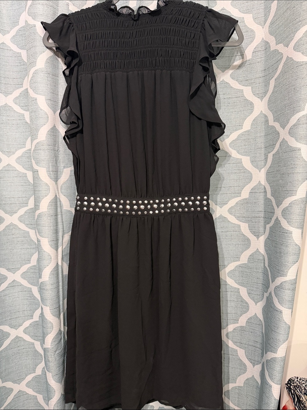 Michael Kors Black Ruffle Sleeve Midi Dress with Studded Waist